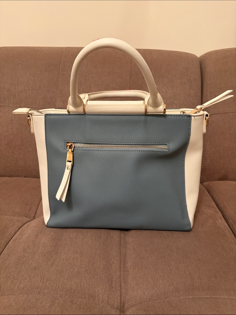 Madison West White and Dusty Blue Structured Satchel